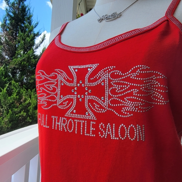 V-TWIN ♡ Red|Silver Mini Studded Embellished Bling FULL THROTTLE SALOON Tank L - Picture 9 of 14